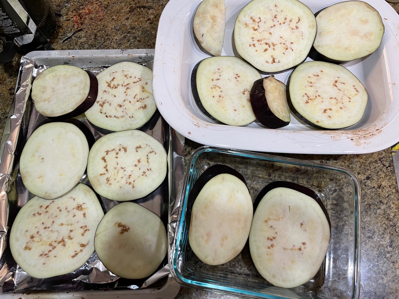 eggplant sliced before baking